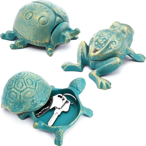 WUWEOT Juego de 3 llaves para el exterior, de hierro fundido, tortuga, rana, mariquita, llaveros, caja secreta de joyería antigua, llaves ocultas