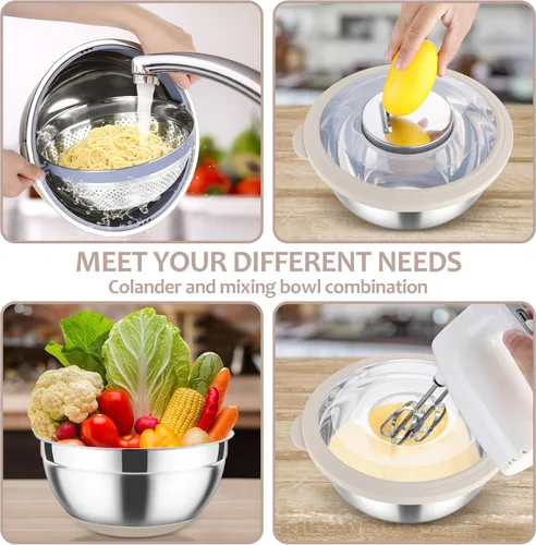 Miniatura 5 de E-far Colador con Juego de Tazón Mezclador, Coladores de Acero Inoxidable 4 en 1 con Ralladores para Cocina, Tazón Colador de Alimentos Giratorio