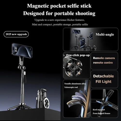 Miniatura 8 de Palo magnético para selfie de bolsillo, palo de selfie magnético 4 en 1 para iPhone con control remoto recargable, soporte de trípode extensible