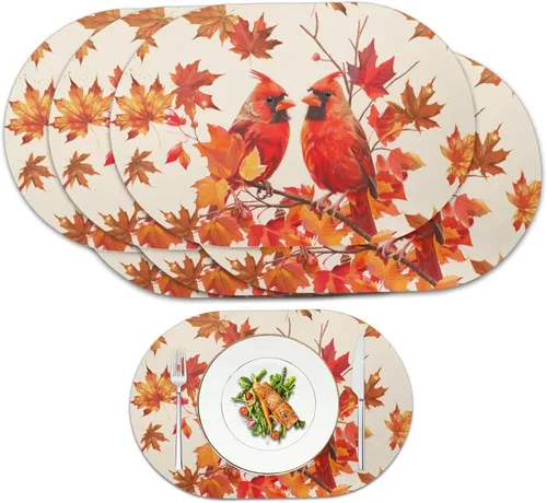 Miniatura 38 de Non Slip Placemats Set of 6 Pumpkin Mushroom Theme Waterproof Wipeable Faux Leather for Thanksgiving Family Feast Heat Resistant Dining Table Mats
