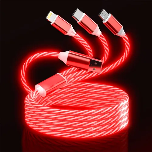 Miniatura 10 de Cable de carga con luz LED que fluye 3 en 1 Lightning/Type C/Micro USB brillante para automóvil para iPhone, cable de carga para automóvil azul