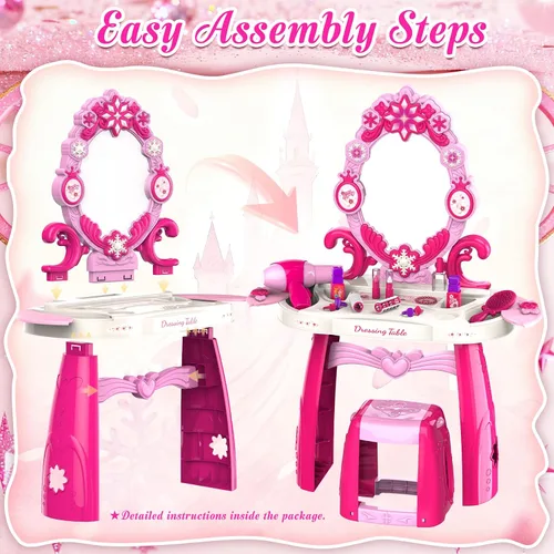 Miniatura 8 de Juego de mesa y silla para niños pequeños, mesa de maquillaje para niñas con luces de espejo y música, juguetes de vestir con secador de pelo
