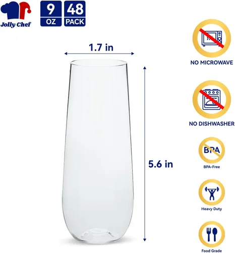 Miniatura 2 de JOLLY CHEF Paquete de 48 copas de champán de plástico sin tallo de 9 onzas, vasos de plástico transparente sin tallo, vasos desechables irrompibles