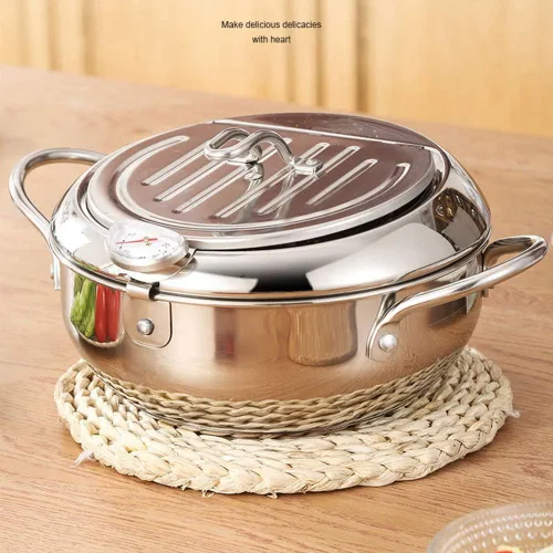 Miniatura 5 de Olla de acero inoxidable para freidora, sartén tempura, control de temperatura, mini olla de pollo con tapa y estante de filtro de aceite extraíble