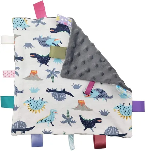 Inchant Manta de seguridad para bebé, manta pequeña gris con etiquetas coloridas, regalo para recién nacidos y niños pequeños