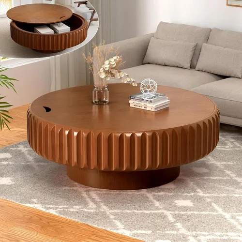 Miniatura 9 de Mesa auxiliar ovalada con almacenamiento, mesa de centro moderna acanalada de 43.3 pulgadas con tapa extraíble para sala de estar, mesa central