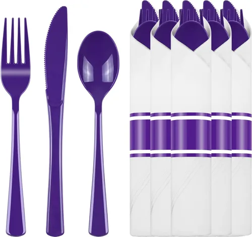 Miniatura 11 de Paquete de 100 cubiertos de plástico preenrollados azules, cubiertos enrollados azules con servilletas, juego de cubiertos de plástico preenrollados