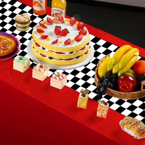 Miniatura 5 de Paquete de 3 manteles de plástico de auto de carreras, mantel desechable a cuadros rojos y negros, mantel rectangular a cuadros de búfalo