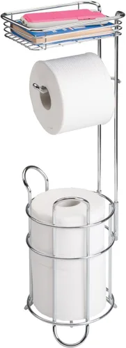 mDesign Soporte de acero para papel higiénico con estante de almacenamiento, colección Concerto, cromado, capacidad para 3 rollos