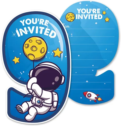 Miniatura 6 de Outer Space - Invitaciones para fiesta de 8º cumpleaños con sobres, juego de 20 tarjetas de invitaciones con forma de astronauta de ocho formas