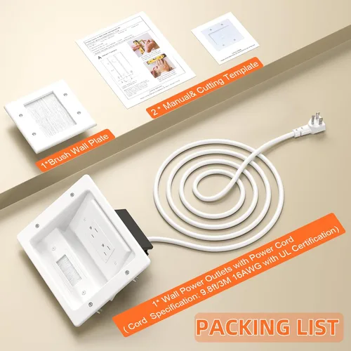 Miniatura 7 de Kit corrector de cable de pared con placa de pared de cepillo, caja de salida empotrada, cable de 9 pies, pasador de 2 bandas para gestión de cables