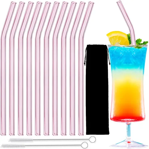 Paquete de 10 popotes de vidrio rosa reutilizables, 8 pulgadas, resistentes a los golpes, batidos y bebidas frías, con 2 cepillos de limpieza, aptos