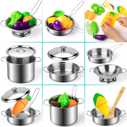 Miniatura 4 de Juboury Juego de juguetes de cocina con utensilios de cocina de acero inoxidable, utensilios de cocina, delantal y sombrero de chef, cortar verduras