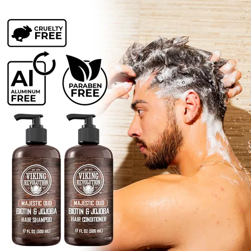 Miniatura 6 de Viking Revolution Majestic Oud - Juego de champú y acondicionador para hombre con biotina y aceite de jojoba, champú natural para el cabello