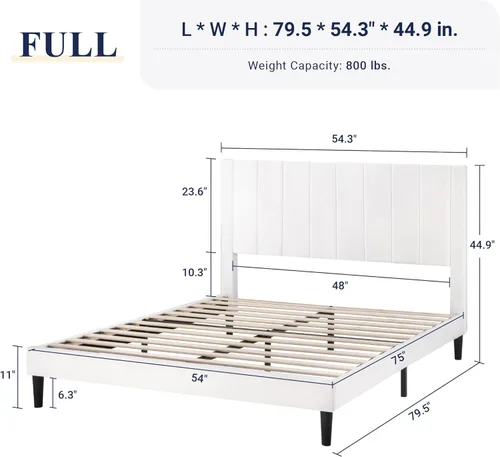 Miniatura 2 de Allewie - Base de cama tamaño Full con cabecera acolchada tapizada en terciopelo y diseño acanalado vertical; plataforma de cama con resistentes