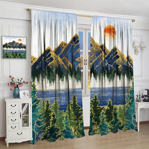 Miniatura 4 de Cortinas opacas con bolsillo para cortinero de montaña forestal, para sala de estar, oscurecimiento de la habitación, estilo japonés, paisaje