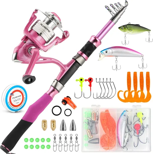 Combos de caña de pescar y carrete, regalos de equipo de pesca para mujeres con carrete giratorio, señuelos, línea, kit de caña telescópica rosa