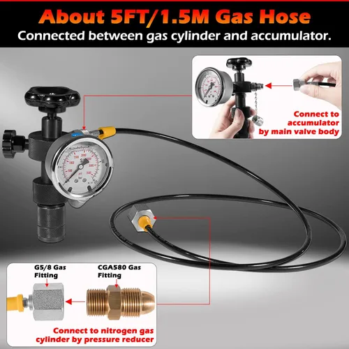 Miniatura 4 de Sistema de carga de nitrógeno del acumulador hidráulico GK-01 con 7 acoplamientos, 3 medidores de presión, 1 manguera de gas y 1 cuerpo de válvula