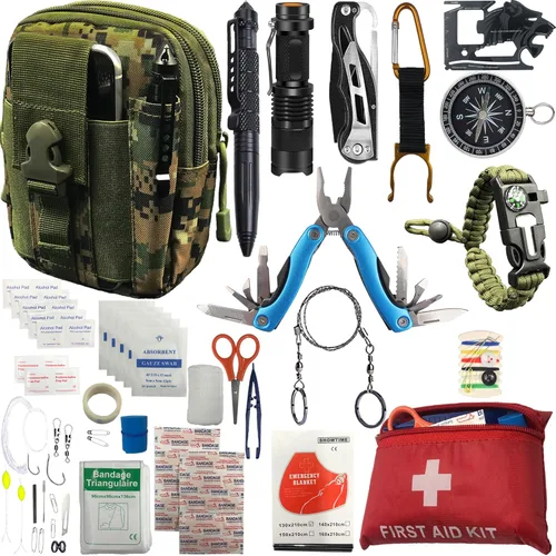 Survival Kit - All-in-One Survival Gear and Supplies for Camping, Hiking, Hunting, and Car Emergencies - Essential Tools, Great Gift for Men, verde
