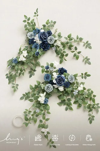 Miniatura 5 de Ling's moment 2 piezas de guirnaldas florales artificiales azul polvoriento, centros de mesa de rosas, decoración de flores de boda, arreglos