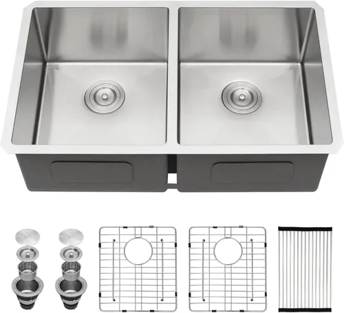 Miniatura 27 de Sarlai 28 Fregadero de cocina bajo encimera de doble tazón - Fregadero bajo encimera de acero inoxidable de 28x19 pulgadas de calibre 16, con repisa