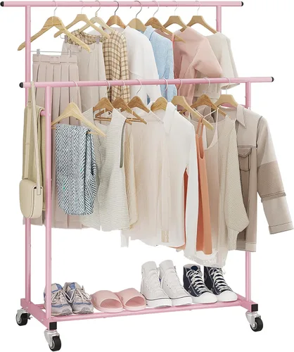 Calmootey Perchero de ropa de doble barra, organizador de ropa portátil para dormitorio, sala de estar, tienda de ropa, rosa