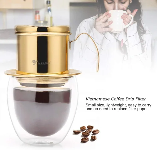 Miniatura 8 de Zopsc Taza de filtro de goteo de café vietnamita de acero inoxidable, dorada, cafetera de una sola porción, cafetera portátil para viajes de oficina