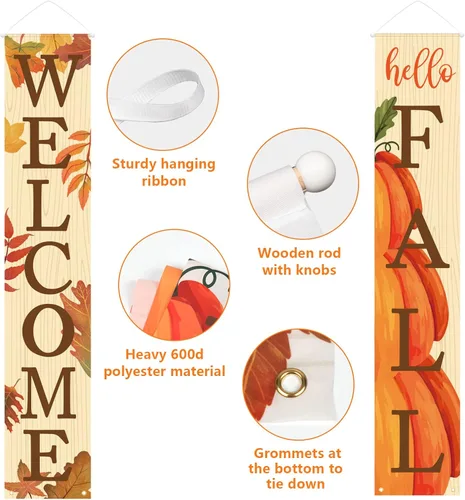 Miniatura 5 de DAZONGE Decoración de otoño, carteles de bienvenida y hola otoño para decoración de cosecha de puerta delantera, carteles colgantes para decoración