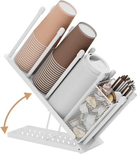 Miniatura 8 de OVICAR Soporte para tazas y tapas, organizador ajustable para tazas de café, dispensador de tazas desechables de 4 compartimentos, con cesta de Negro