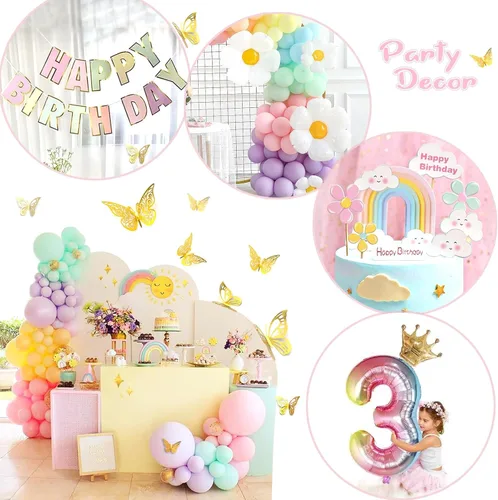 Miniatura 2 de Daisy Kit de Guirnalda de Globos de 219 Piezas con Globo Número 3, Pancarta, Decoración para Pastel, Decoraciones de Fiesta de Cumpleaños Arcoíris