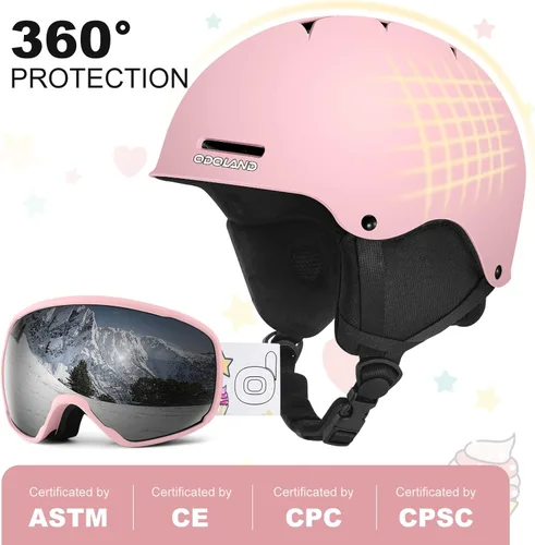 Miniatura 2 de Odoland Casco de esquí para niños, casco de nieve con gafas de esquí para niños y niñas, a prueba de golpes, resistente al viento, cascos deportivos