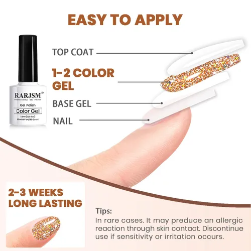 Miniatura 7 de RARJSM Juego de esmaltes de uñas de gel con purpurina reflectante, 6 colores brillantes plateados, champán, dorado, rosa, naranja, negro, rojo