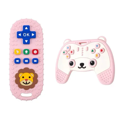 Miniatura 9 de AALFA Juguetes de Dentición para Bebé, Conjunto de Mordedores de Silicona Suave en Forma de Control Remoto de TV + Máquina de Juegos, Juguetes Rosa