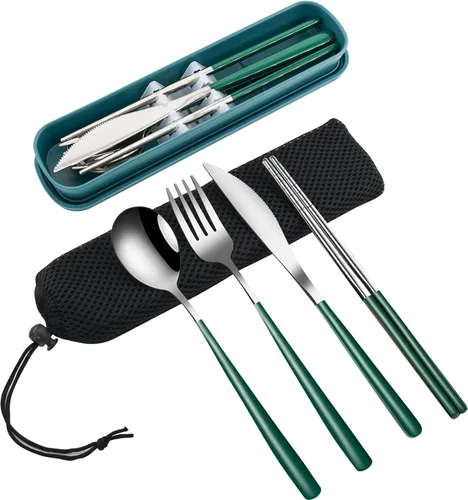 Miniatura 8 de VANRA Juego de utensilios de viaje portátiles de 3 piezas con estuche, juego de cubiertos de acero inoxidable 18/8, juego de cubiertos reutilizables