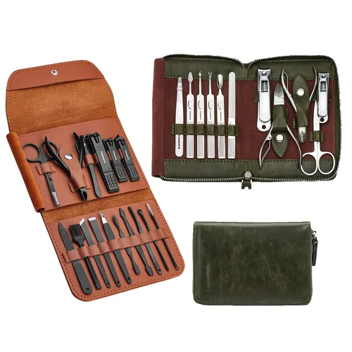 FAMILIFE Juego de manicura, kit de uñas 11 en 1, kit de pedicura de acero inoxidable para hombre, kit de manicura de cuero y regalos para hombres, y