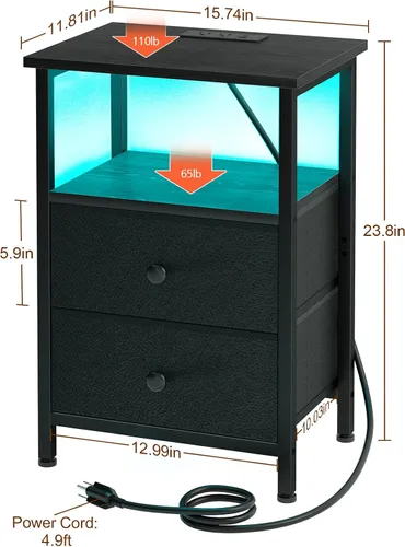 Miniatura 7 de LOAKEKEL Mesita de noche LED con estación de carga, mesita de noche pequeña con puertos USB y tomas, 2 cajones de almacenamiento de tela con acabado