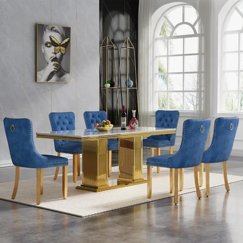 Miniatura 72 de HomVent Juego de mesa de comedor moderna de mármol sintético para 4 personas, mesa de cocina rectangular con 4 sillas beige (dorado)