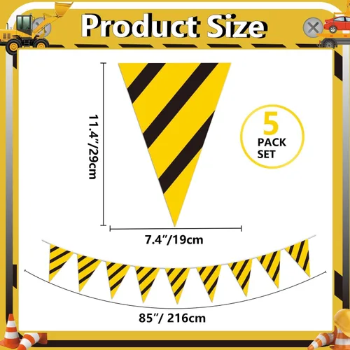 Miniatura 2 de Paquete de 5 banderines de construcción – Bandera temática de camión volquete para niños, decoración de banderines triangulares para fiesta