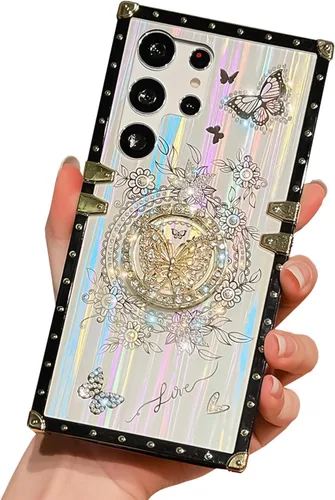 Miniatura 31 de Compatible con Funda Samsung Galaxy S22 Ultra, Diseño de Mariposa Brillante de Lujo con Soporte Plegable Kickstand para Mujeres y Niñas, Funda Rosa