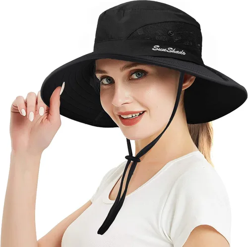 Miniatura 25 de Sombrero de sol de verano para mujer, cola de caballo – Protección UV de malla de ala ancha plegable con agujero para cola de caballo