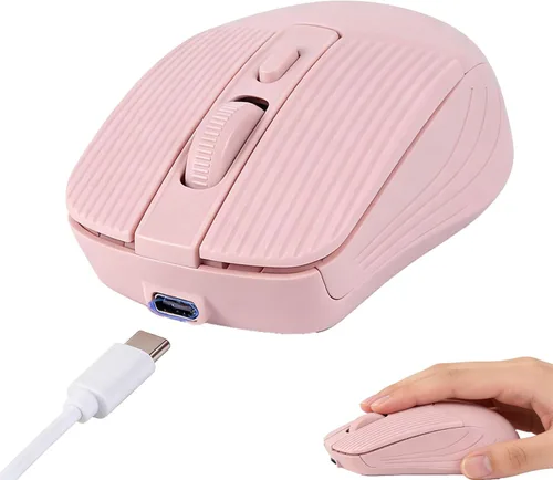 Ratón inalámbrico Bluetooth silencioso recargable ergonómico portátil ratón óptico, modo dual, carga tipo C, con receptor USB 2.4G, para PC, Rosa