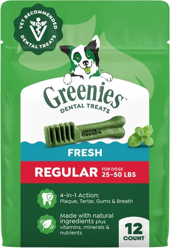 Greenies Golosinas dentales naturales recomendadas por veterinarios para perros, tamaño regular, sabor fresco, paquete de 12 onzas, 12 unidades