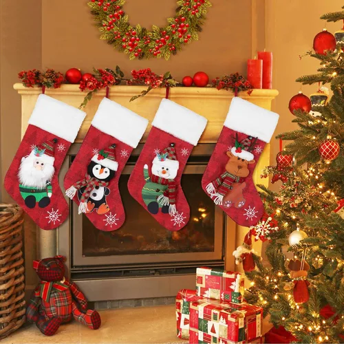 Miniatura 6 de COOLWUFAN Paquete de 4 medias de Navidad de 19 pulgadas con copo de nieve, Papá Noel, muñeco de nieve, reno, pingüino y felpa de piel sintética