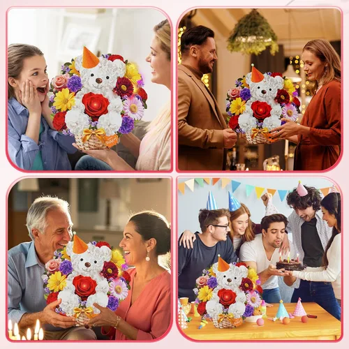 Miniatura 6 de MZD8391 Tarjetas de cumpleaños con música y luces, tarjeta de feliz cumpleaños, oso y margarita, ramo de flores de tamaño natural de 10 pulgadas