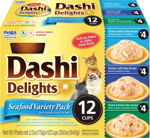 INABA Delicias de Dashi para Gatos, Pollo Desmenuzado con Caldo de Hojuelas de Bonito, Taza de 2.5 Onzas, Total 12 Tazas, Variedad de Mariscos