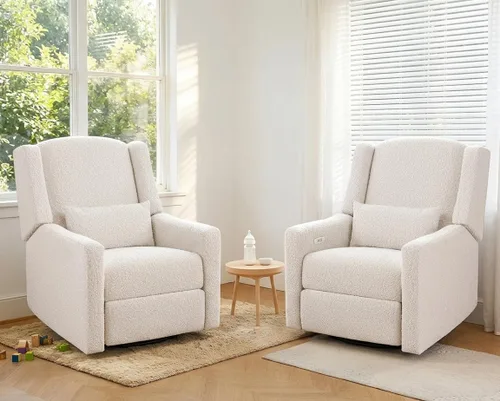 Power Nursery Rocking Chairs Set of 2, Skin-Friendly Teddy Fabric Nursery Recliner Chair Swivel Gilder, Power Nursing Chair for Adults with Waist