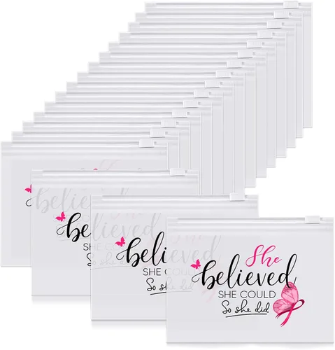 Oudain 60 bolsas de maquillaje para concientización sobre el cáncer de mama, bolsas de cosméticos con cinta rosa, regalos para sobrevivientes de