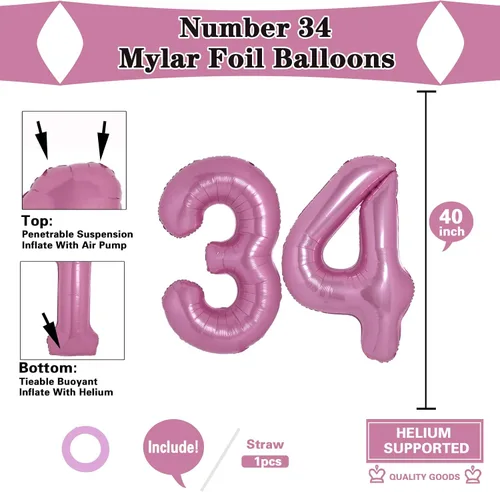 Miniatura 2 de Globos gigantes de 40 pulgadas de color rosa intenso con el número 34, gigantes, gigantes, gigantes, enormes de papel de aluminio de Mylar