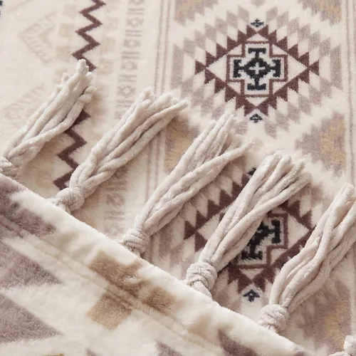 Miniatura 5 de CASAAGUSTO Manta Boho - Mantas Decorativas Beige y Gris con Borla, Manta Bohemia de Franela Estampada para Silla, Cama, Sofá, Sillón