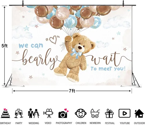 Miniatura 3 de Telón de Fondo para Baby Shower de Oso 2.1x1.5 m para Niños "We Can Bearly Wait to Meet You" Globos de Cumpleaños Lindos de Dibujos Animados Tela